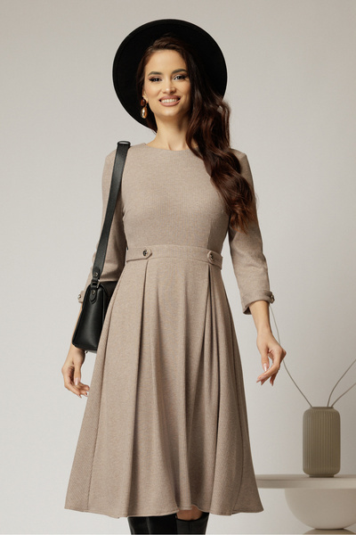 DyFashion Rochie DY Fashion midi bej din tricot cu nasturi decorativi pe talie
