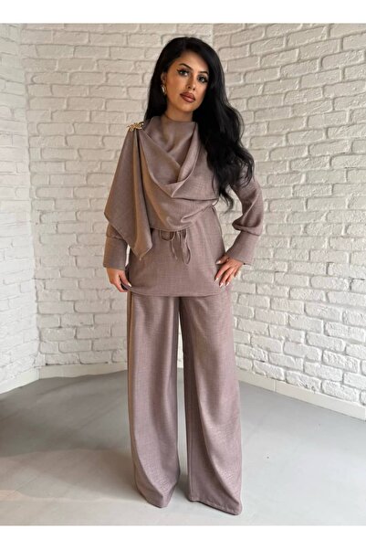 moneta boutique Γυναικείο Σετ Παντελονιού με Λεπτομέρεια Σάλι στο Μπροστινό Μ...