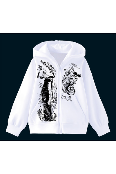 ZEMLİYA White Vintage Angel Affliction Cyber Grunge Y2K Hooded Unisex Cardiga...
