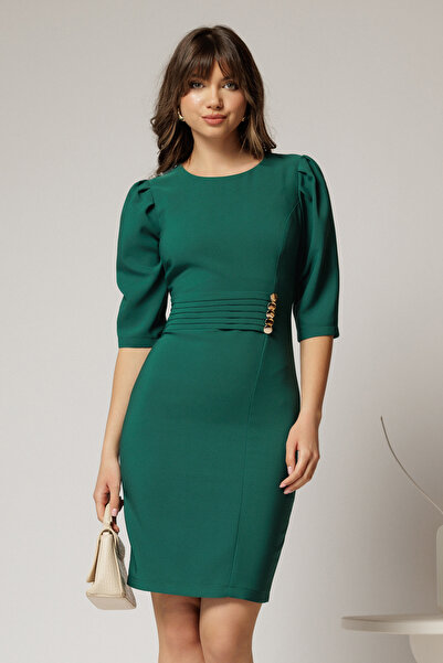 DyFashion Rochie DY Fashion verde conica cu nasturi aurii pe talie