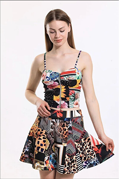 Sense Ψηφιακή εμπριμέ μίνι φούστα κατάδυσης |   ETK34171 Εκρού Ψηφιακή Εκτύπωση