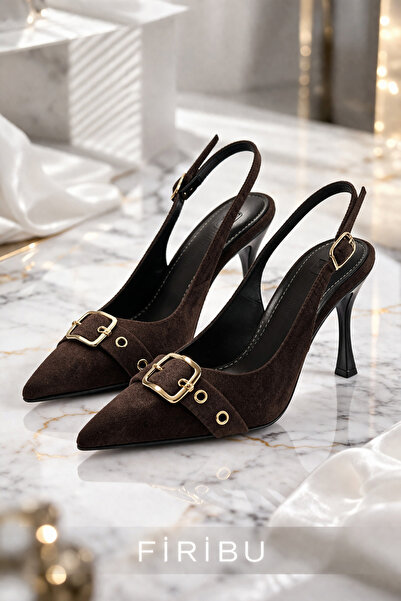 Firibu Siyah Süet Stiletto Kadın Ayakkabı İnce Topuklu Şık Slingback Tokalı P...