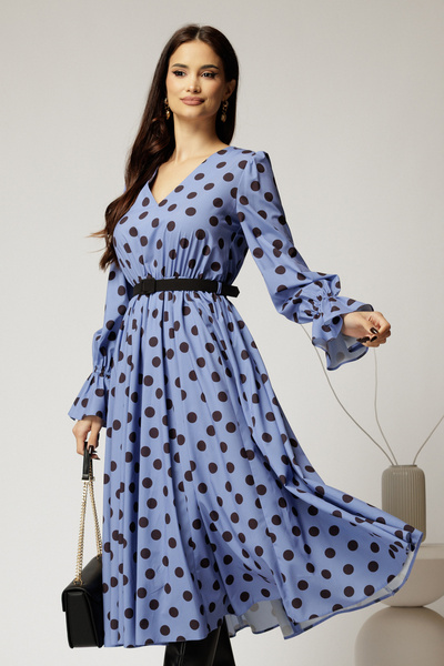 DyFashion Rochie DY Fashion midi din voal bleu cu buline si curea in talie