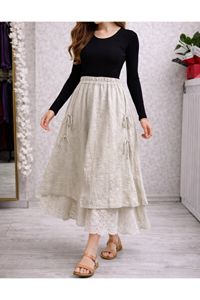 TUGBA COLLECTION DANTEL İŞLEMELİ NAKIŞLI %100 PAMUKLU KETEN KATLI İTHAL ETEK