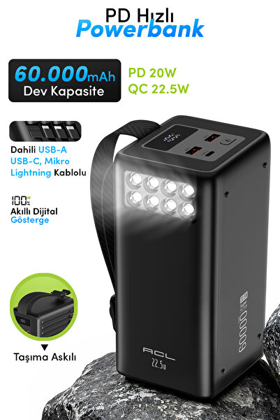 ACL PW-151 60000mAh Powerbank PD 20W QC 22.5W Hızlı Şarjlı – Dahili Kablolu, ...