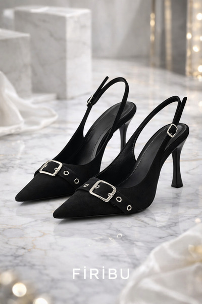 Firibu Siyah Süet Stiletto Kadın Ayakkabı İnce Topuklu Şık Slingback Tokalı P...