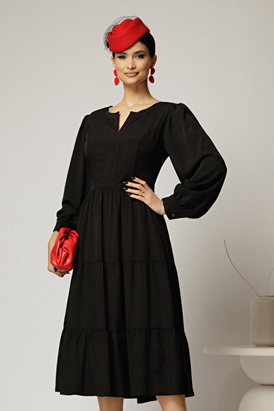 DyFashion Rochie midi neagra cu volan la fusta si decolteu discret in V