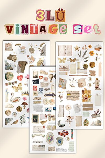 Hume Craft 3'lü Vintage Temalı Sticker Seti Scrapbook Bullet Journal Ajanda İ...