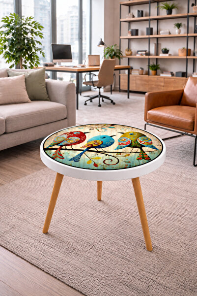 Boyut 42x42 cm Renkli Kuş Desenli Yuvarlak Sehpa – Modern Dekoratif Tasarım