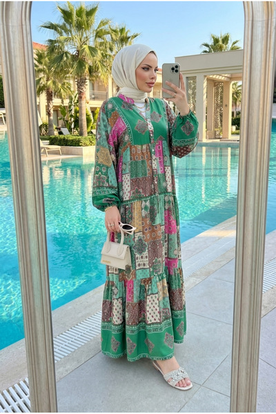 Kirazca Butik Γυναικείο μακρύ φόρεμα χιτζάμπ με έθνικ σχέδια από βισκόζη