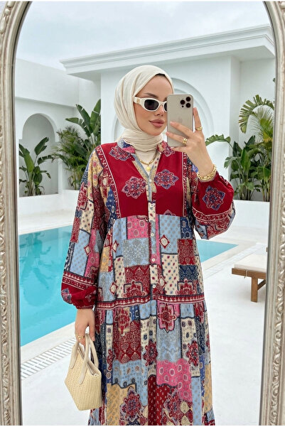 Kirazca Butik Women's Ethnic Patterned Viscose Layered Long Hijab Dress