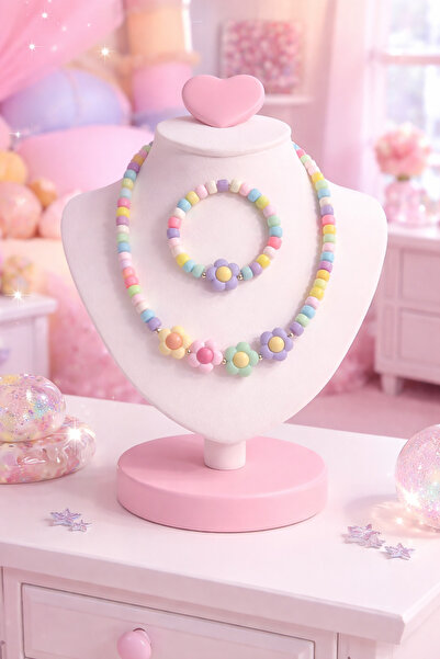 Moonbelle Renkli Papatya Detaylı Kız Çocuk Kolye & Bileklik Takı Seti