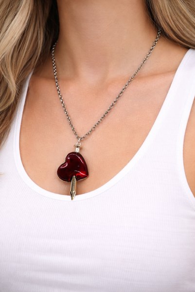 HER ŞEY NOTA www.herseynota.com Sword Detailed Red Heart Necklace Silver Colo...