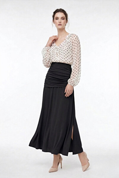 By Yaren Yazıcı Women's Black Draped Waist Gathered Slit Long Maxi Skirt