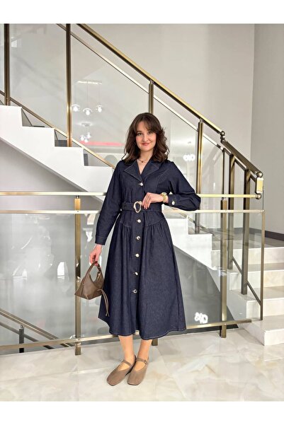 Sude Kızanlıklı Τζιν φόρεμα μίντι με χρυσή ζώνη