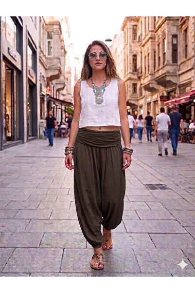 AYASOFYA OTANTIK Γυναικείο ιταλικό καφέ παντελόνι με απλό σχέδιο, ελαστική μέ...