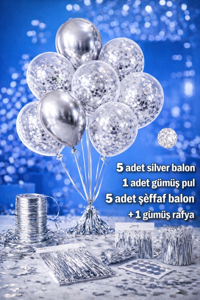 Öz-bal Lüks Gümüş Balon Seti – Krom Silver & Konfeti Şeffaf (10’lu + Rafya + ...
