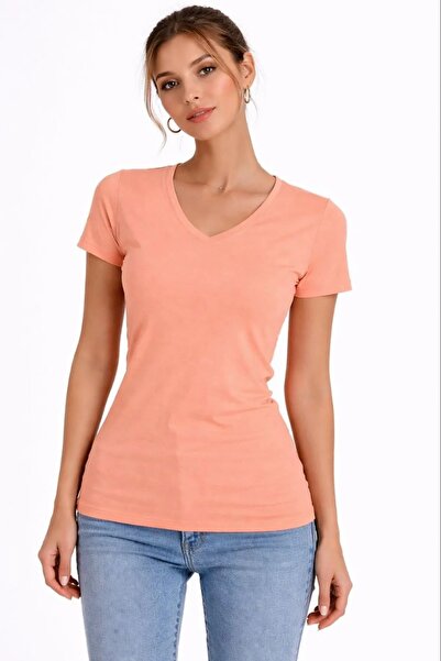Tarz Kadın T-Shirt V Yaka Slim Fit Likralı Tişört Yazlık Basic Body - Nar Çiçeği