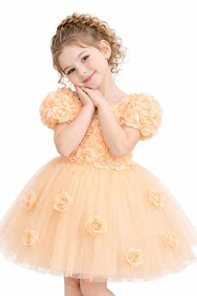 BEGONYA BEBECE KIDS Παιδικό βραδινό φόρεμα με ανάγλυφο σχέδιο τριαντάφυλλου γ...