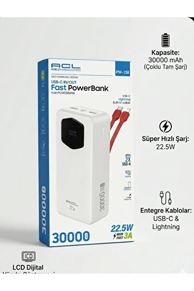 ACL 30000 mAh 2XUsb 1XPd Hızlı Şarj 22.5W Type-C Lightning Powerbank