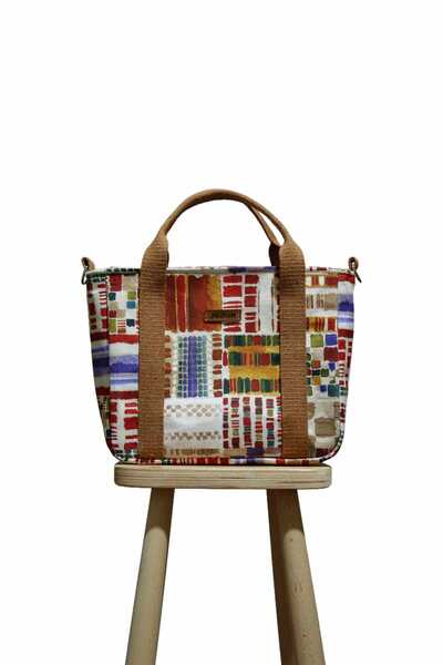 BUSRAKAZANCDESİGN Kadın Renkli Desenli Tote Bag,Fermuarlı El ve Omuz Çantası
