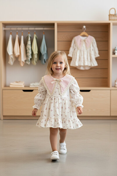 TOGY BABY VE KIDS WEAR Kız Çocuk Vintage Çiçekli Bebek Yaka Dantel Detaylı El...