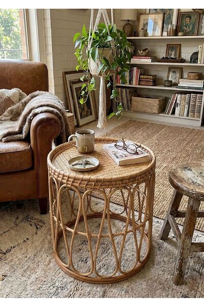 Lessio Home Malibu El İşçiliği Gerçek Rattan (Bambu) Yuvarlak Orta & Yan Sehp...