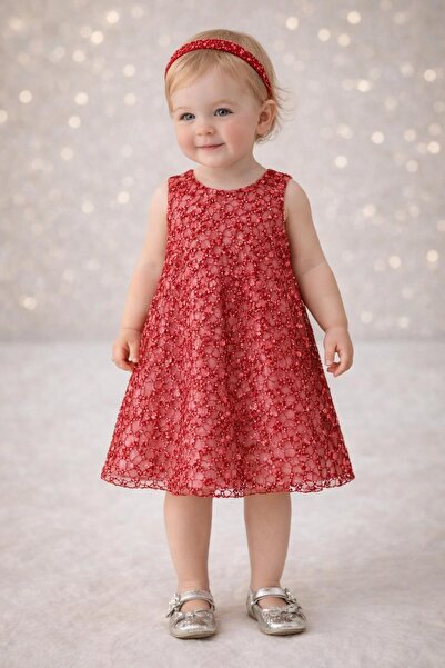 Kuzucuk Kids Bebek Çocuk Butik Kız Bebek Kırmızı Payetli Elbise 1 Yaş -Özel G...