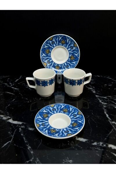 evinbizden Elit Blue Pattern 2-Person Porcelain Coffee Cup Set 4-Piece Coffee...