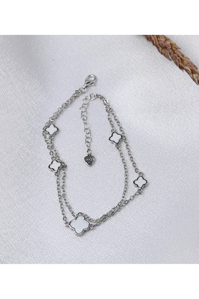 Masios Silver Çift Sıra Yonca Model Beyaz Mineli 925 Ayar Gümüş Bileklik (Rod...