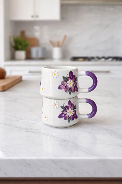 Mor Çiçek Desenli 2'li El Dekorlu Kupa / Fincan / Mug