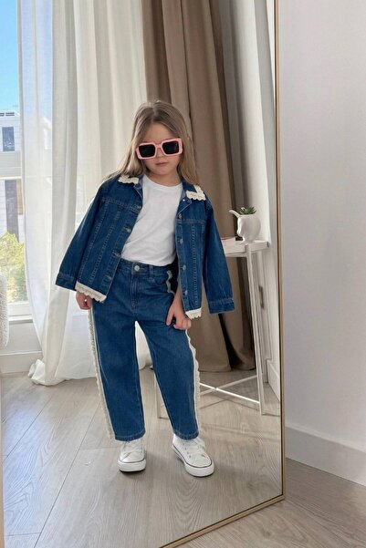 Bebibo Lace Detailed Buttoned Denim Jacket and Trousers Set for Girls