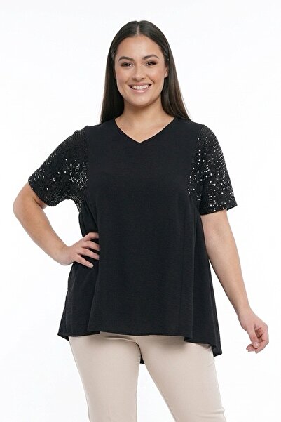 By Saygı Γυναικεία μπλούζα με παγιέτες Lycra Ayrobin σε μεγάλο μέγεθος