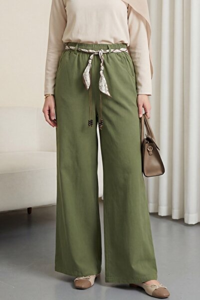 Modamorfo Wide Leg Linen Trousers with Elastic Waistband and Pockets -Khaki