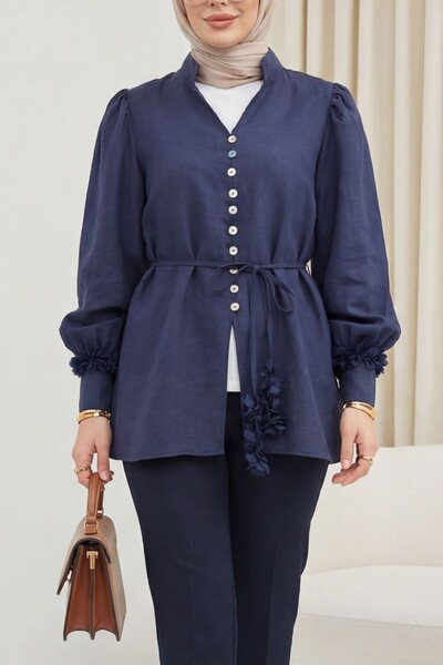 Modamorfo Πουκάμισο με λαιμόκοψη V και λουλουδάτο σχέδιο στα μανίκια, με κουμ...