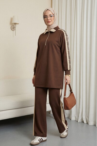 Modamorfo Σετ από χτενισμένο βαμβάκι με γιακά, μισό φερμουάρ και σχέδια στα π...