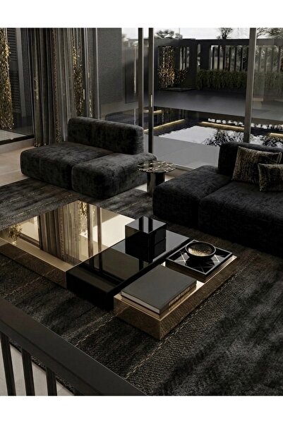 LUXURY VİLLA LUXURY SİYAH CAMLI GOLD AYNALI DEKORATİF ORTA SEHPA YÜKSEKLİK