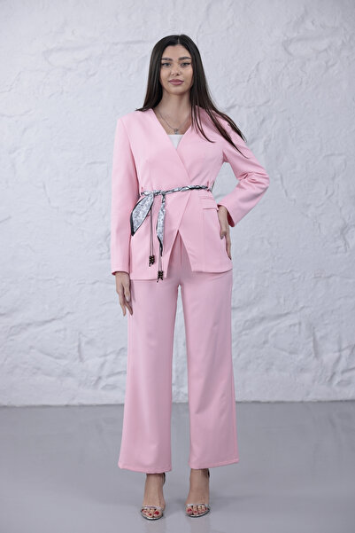 Eseclass Women's Pink Blazer Jacket Pants Set with Belt Detail Stylish Suit