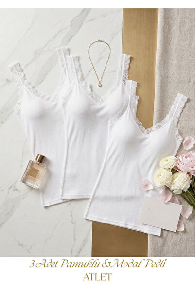 Loule Women's 3-Piece Cotton & Modal Padded Lace Detailed Athlete Set - Soft ...