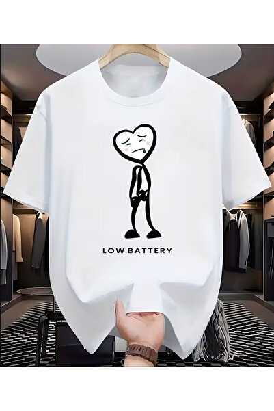 NOURAM Style T-Shirt "Low Battery Heart Stick Figure" Print - Soft Round Neck...