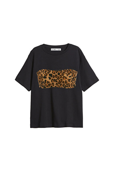 Bak Moda Leopar Top με τύπωμα Relaxed Fit Μαύρο γυναικείο μπλουζάκι