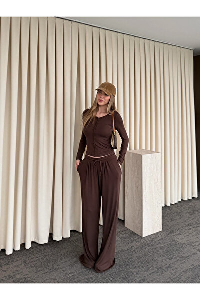 Laluvia Καφέ κοστούμι με κουμπιά από 100% κασμίρ - 4244