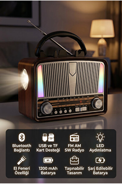 ALFAGİFT Retro Bluetooth Hoparlörlü Radyo LED Işıklı El Fenerli Şarjlı Taşına...