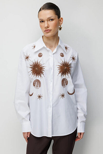 Ekol Embroidered Oversize Cotton Shirt-2818
