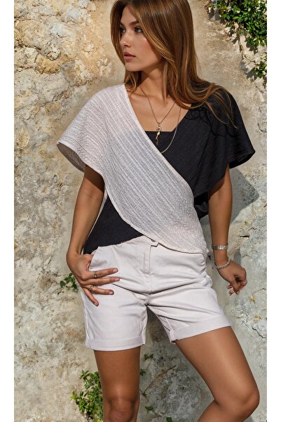 Pasaklı Giyim Γυναικεία δίχρωμη μπλούζα με βαθύ V λαιμόκοψη, χαμηλό μανίκι, χ...