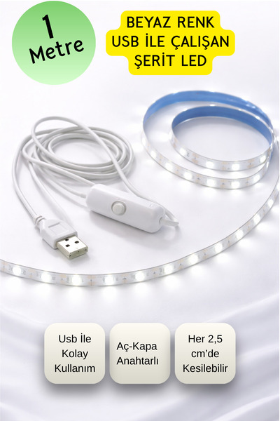 TrendDeco Beyaz Renk Usb İle Çalışan Şerit Led | Aç-Kapa Anahtarlı 1 Metre