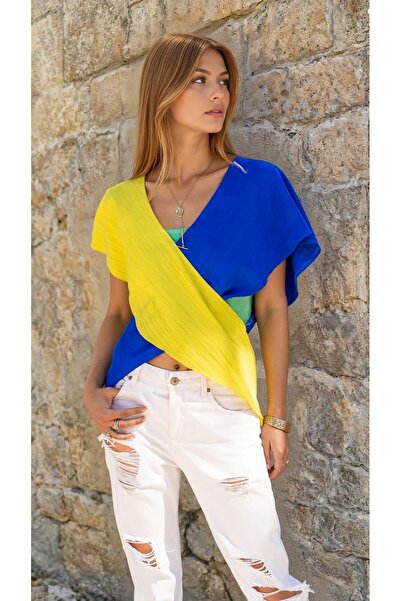 Pasaklı Giyim Γυναικεία δίχρωμη μπλούζα με βαθύ V λαιμόκοψη, χαμηλό μανίκι, χ...