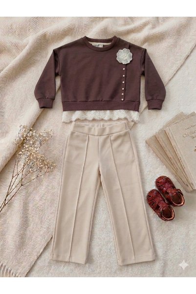 harby kids Flower and Bead Embroidered Lace Oversize Pants 2-Thread Seasonal Bottom and Top Girls' Set