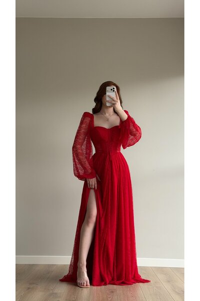 AYŞENUR DİNÇER Romance Dantelli Abiye Kırmızı