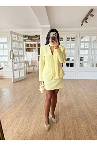 asyadabutik Γυναικείο Σετ με Μίνι Φούστα και Παλτό με Λεπτομέρειες και Επένδυση